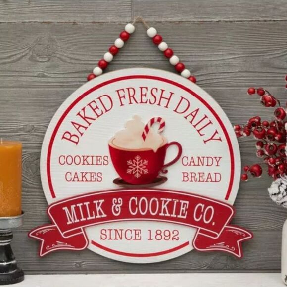 Milk & Cookie Beaded Wood Wall Decor Red and White Holiday Sign - Picture 1 of 4